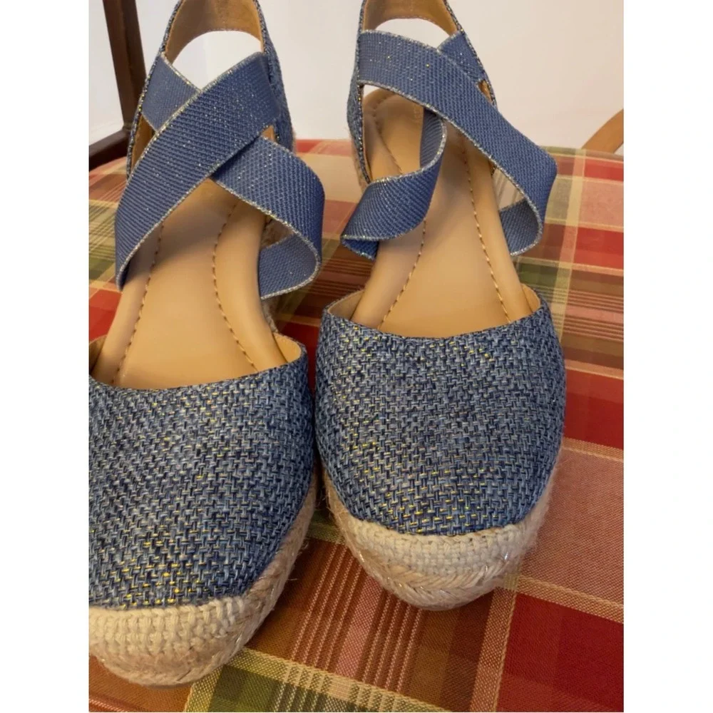 Easy Spirit Blue Espadrille Wedge Sandals | Elastic Strap Comfort Summer Shoes 7